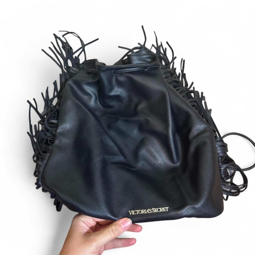 Victorias Secret Black Fringe Bucket Bag